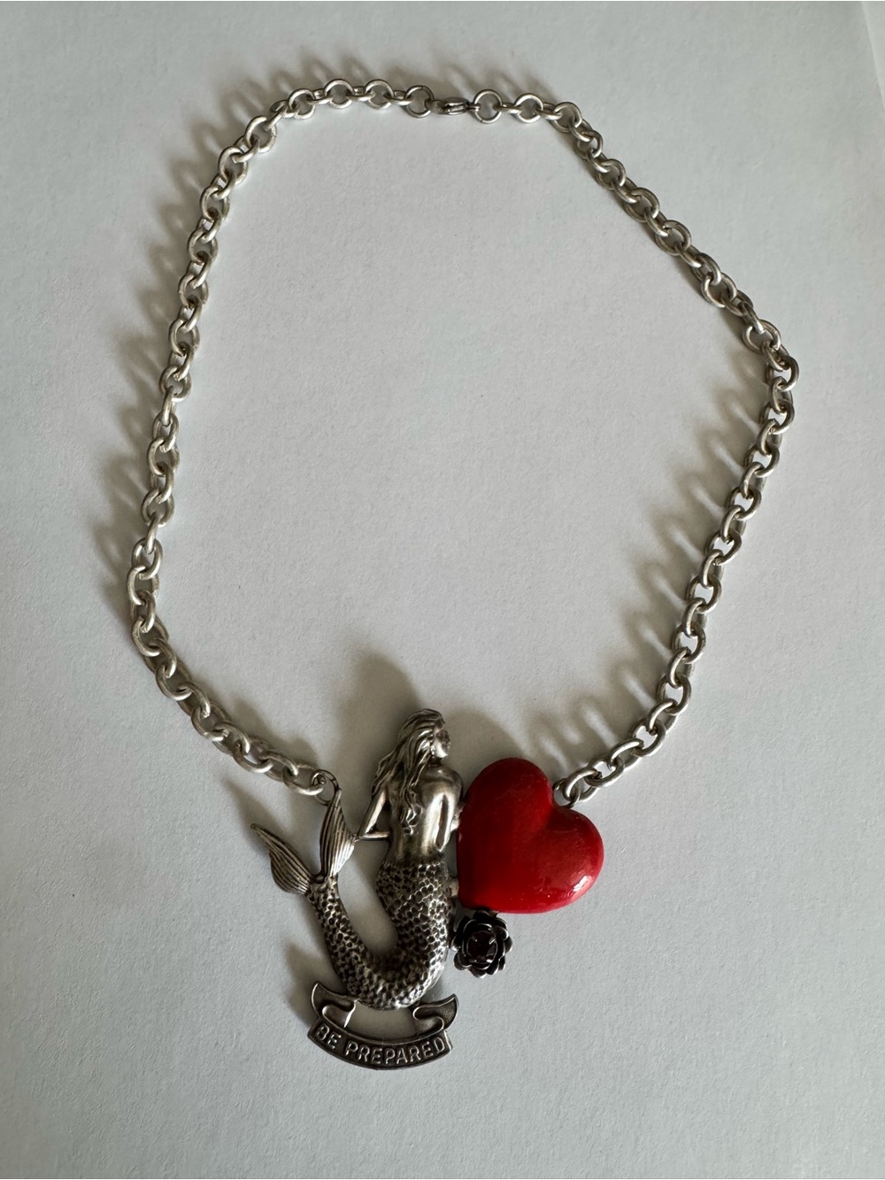 Silver Mermaid Necklace with Red Heart Pendant